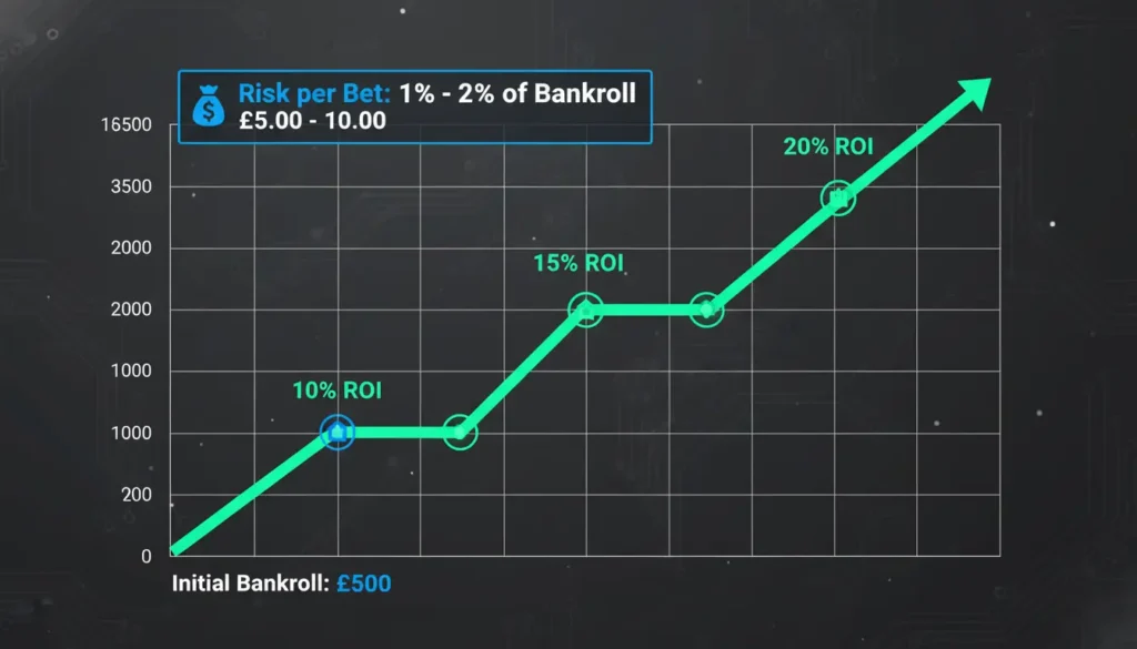 Bankroll Management and ROI Guide Showing 500 Pounds Staking Plan and Growth Chart