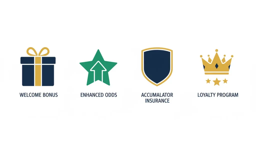Different types of betting bonuses including welcome bonus, enhanced odds, accumulator insurance and loyalty rewards