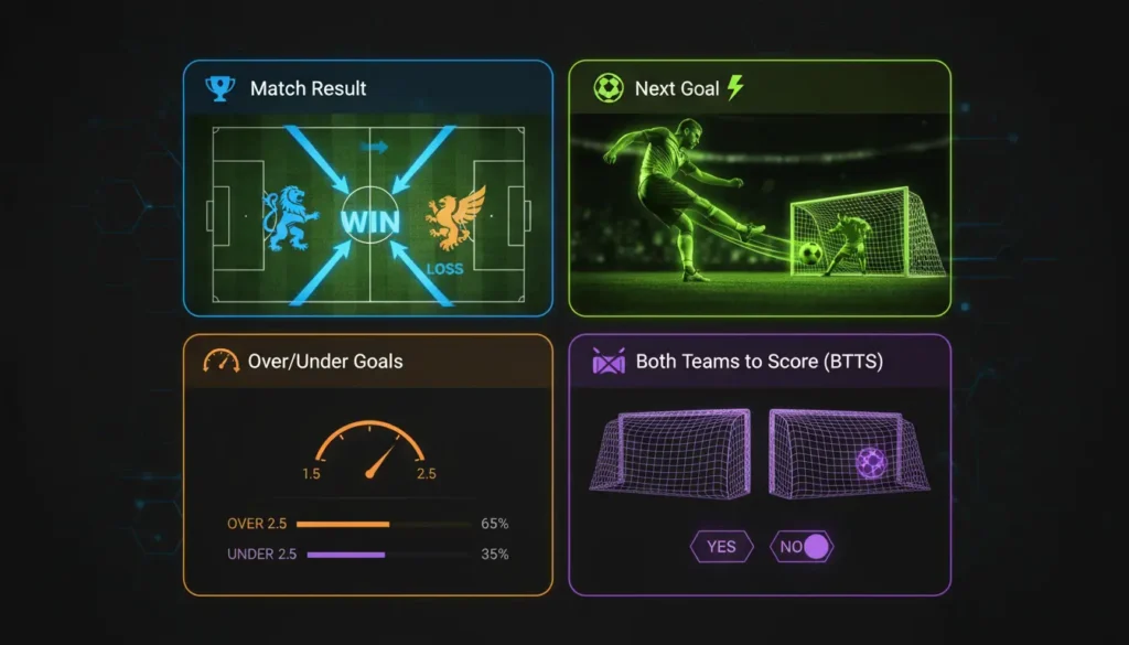 Four essential Championship betting markets: match result with team logos and winning indicators, next goal with players near goal, over-under meter with 1.5 and 2.5 indicators, both teams to score with balls in both goal boxes