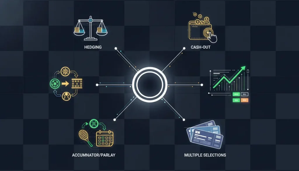 Comprehensive guide to advanced betting strategies including hedging, cash-out, trading, and accumulator tactics