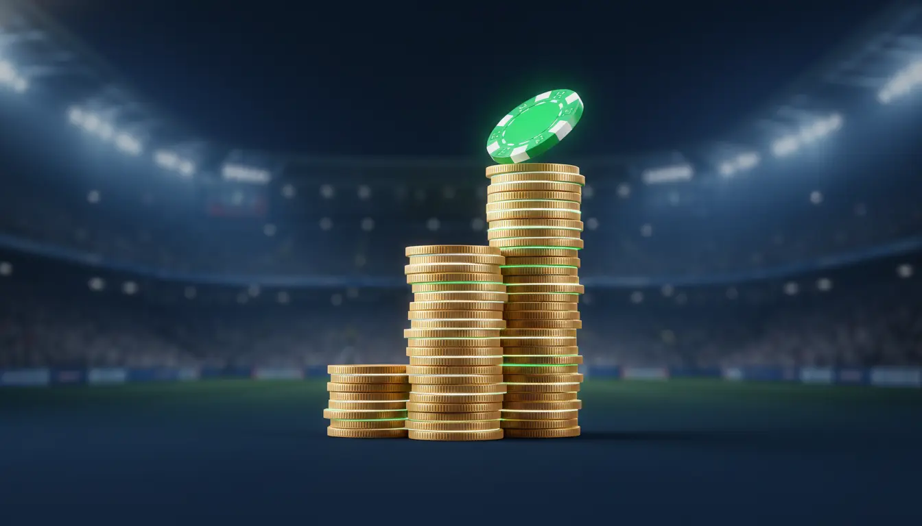 Championship Accumulator Betting Strategy with Growing Stack of Coins and Football Stadium