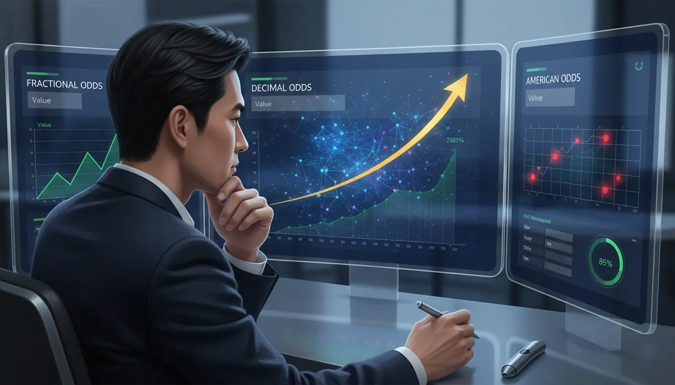 Professional sports betting analysis illustration showing betting odds formats on multiple screens