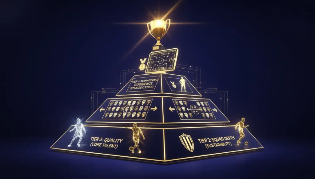 Three-tier success pyramid showing quality, squad depth, and managerial experience factors for Championship winners