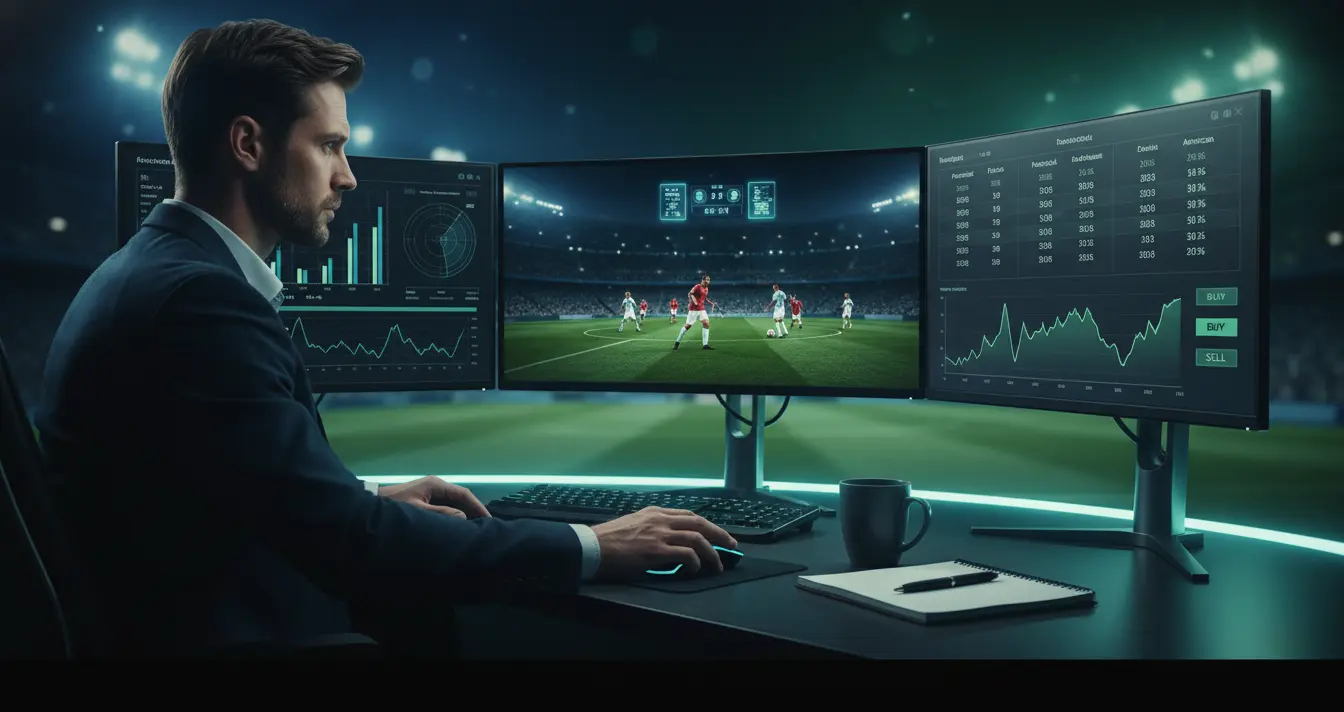 Professional bettor analyzing live football betting data on multiple monitors with real-time odds and Championship match statistics
