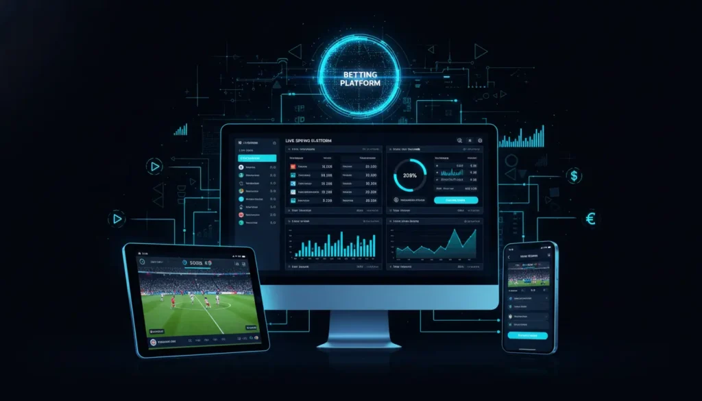 Tech stack for live betting showing desktop monitor with live odds in center, mobile smartphone on right with betting app interface, tablet on left with live stream feed, data streams as flowing lines between devices, icons for live streaming, statistics, cash-out feature and real-time data feed, dark background with blue and cyan lighting effects