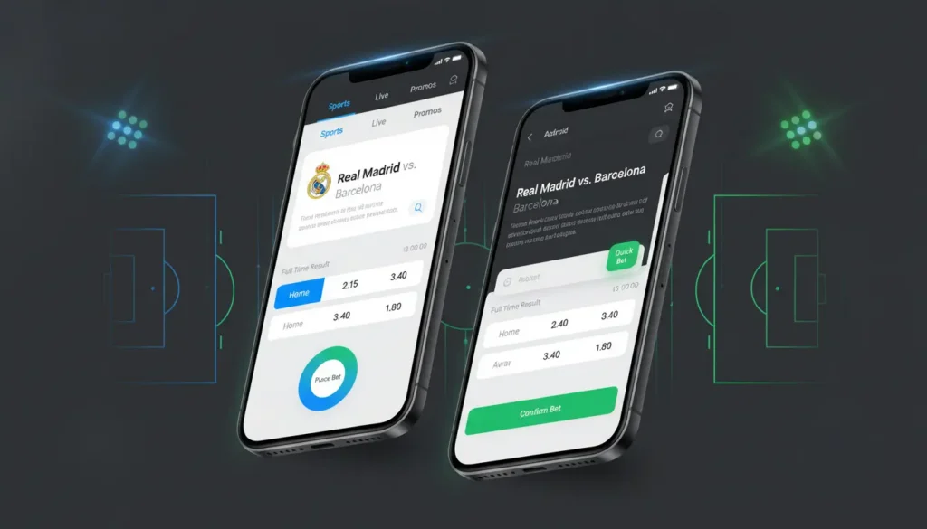 Mobile betting apps interface comparison showing iOS and Android platforms with championship betting features