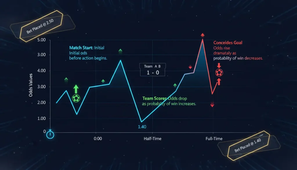 Live betting odds fluctuation chart showing real-time odds changes from 2.50 at match start dropping to 1.40 when team scores and rising to 4.00 when team concedes