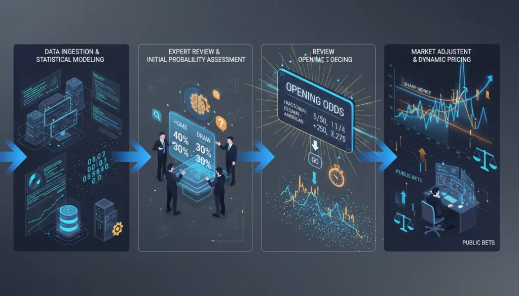 Workflow diagram showing bookmakers odds setting process with statistical models, trader analysis, and market adjustments