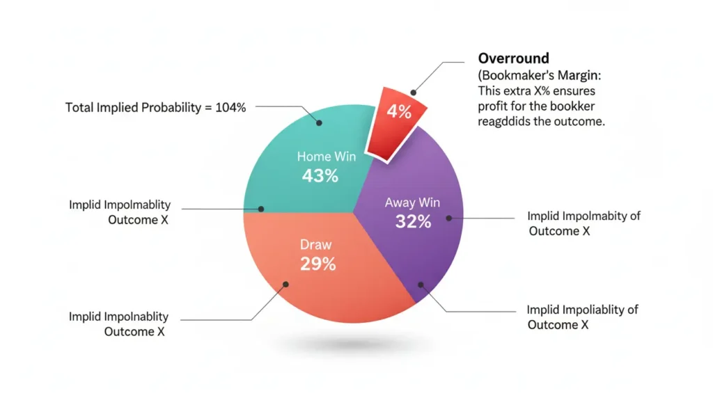 Pie chart visualization explaining probability distribution and bookmaker margin overround concept