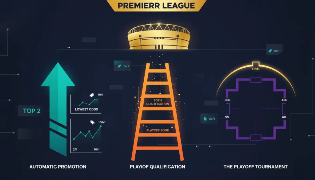 Three Premier League promotion pathways visualization with odds and tactical considerations
