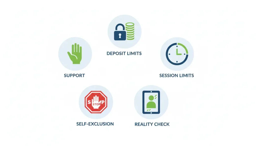Responsible gambling features icons set including deposit limits, session limits, reality checks, self-exclusion and support resources