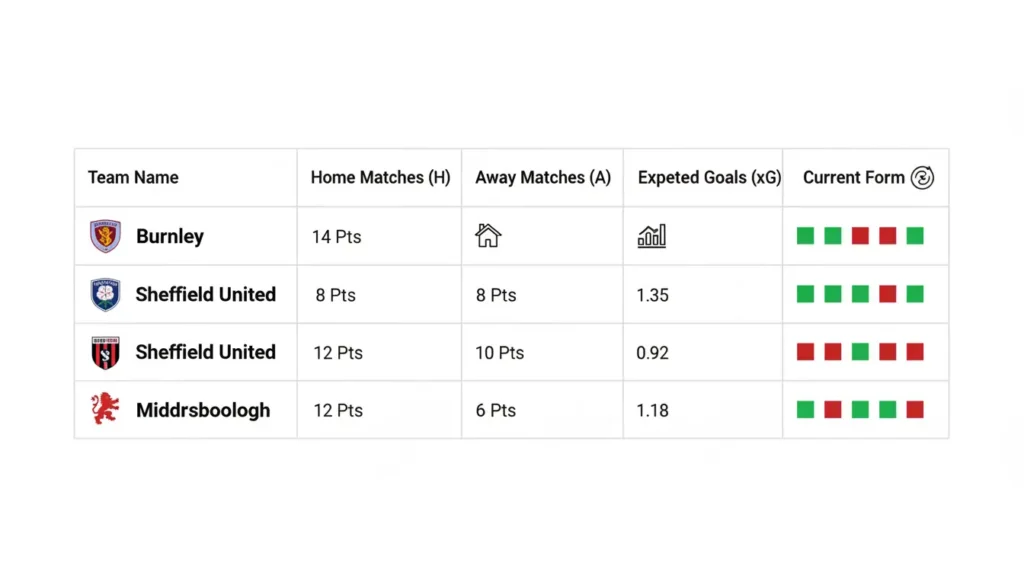 Team Form Analysis Table for Burnley Sheffield United and Middlesbrough with Home Away Performance Metrics