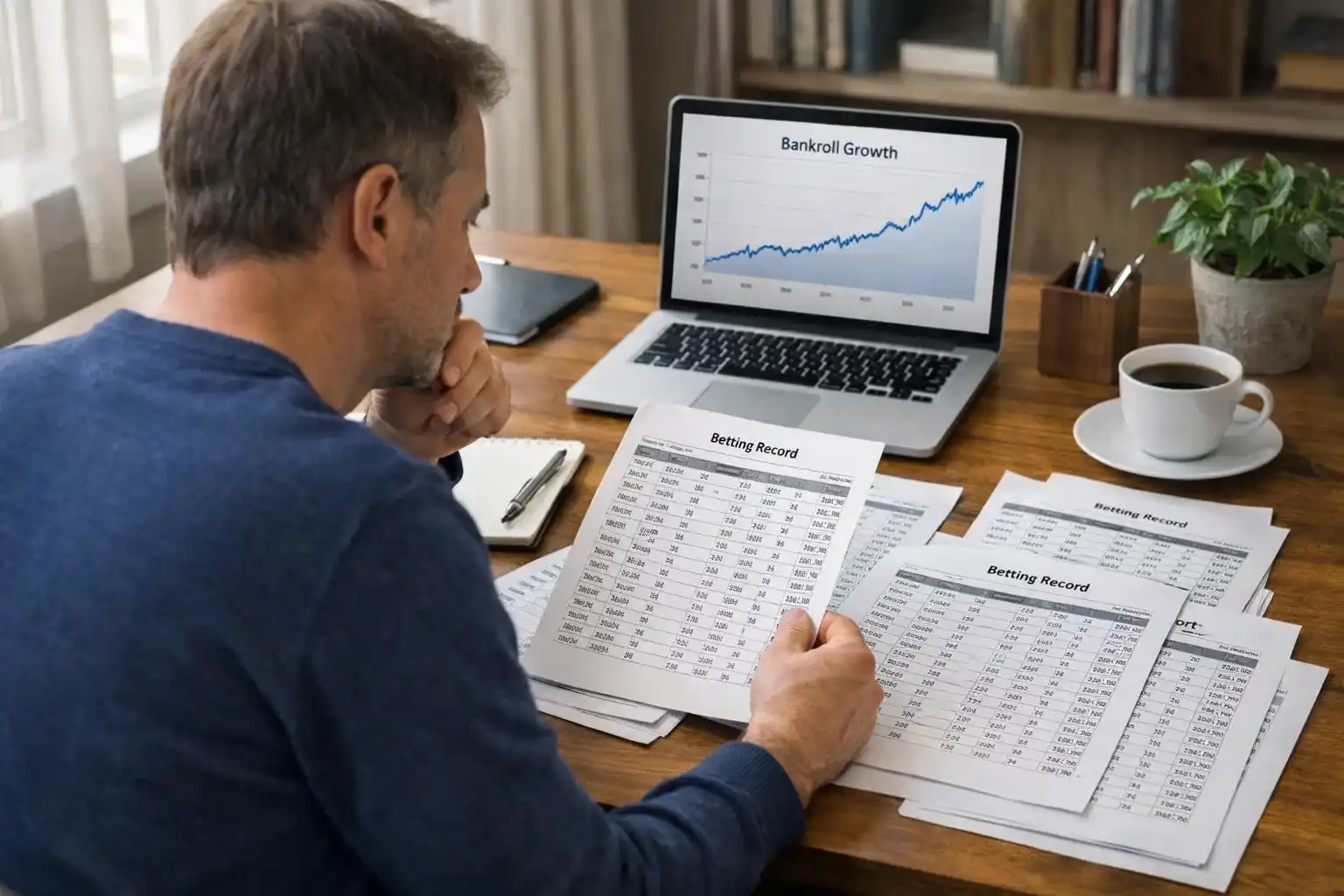 Person reviewing long-term betting performance records showing consistent tracking over time