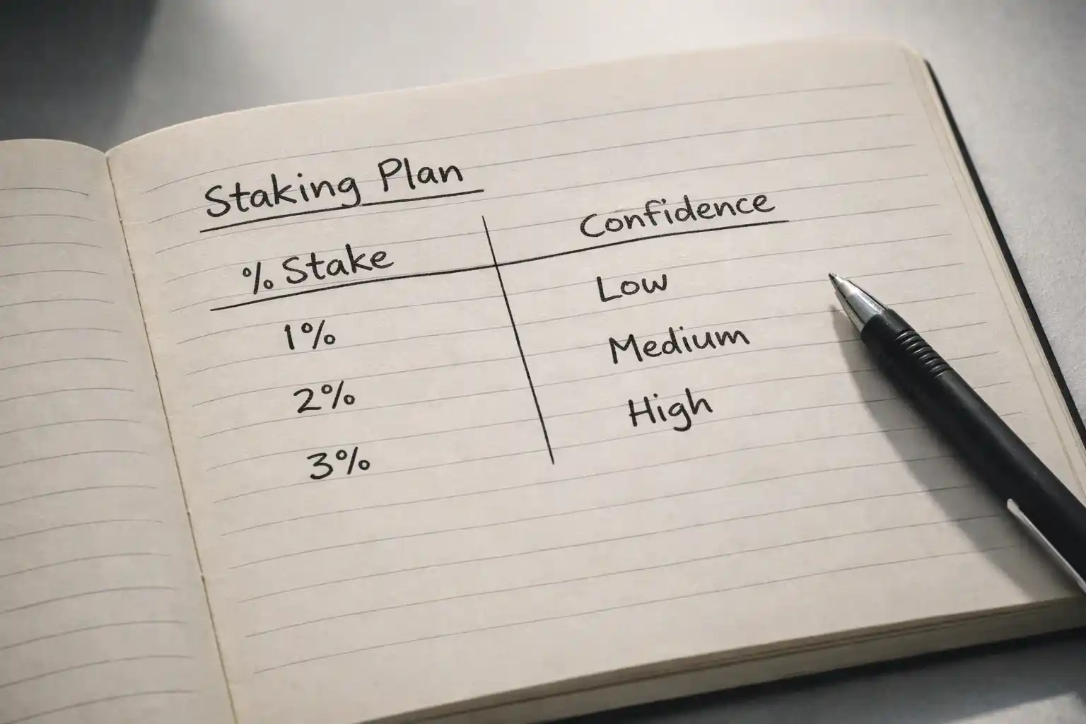 Notebook with structured betting plan and stake calculations written out